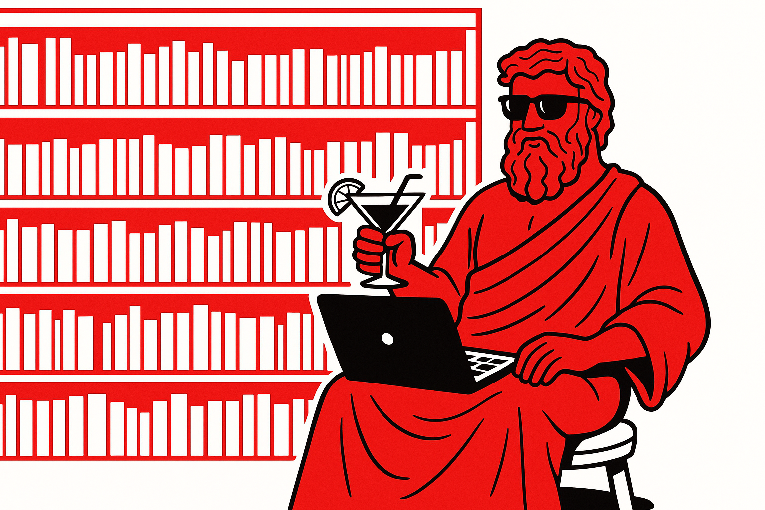 Sage philosophe travaillant sur son laptop dans une bibliothèque avec un cocktail